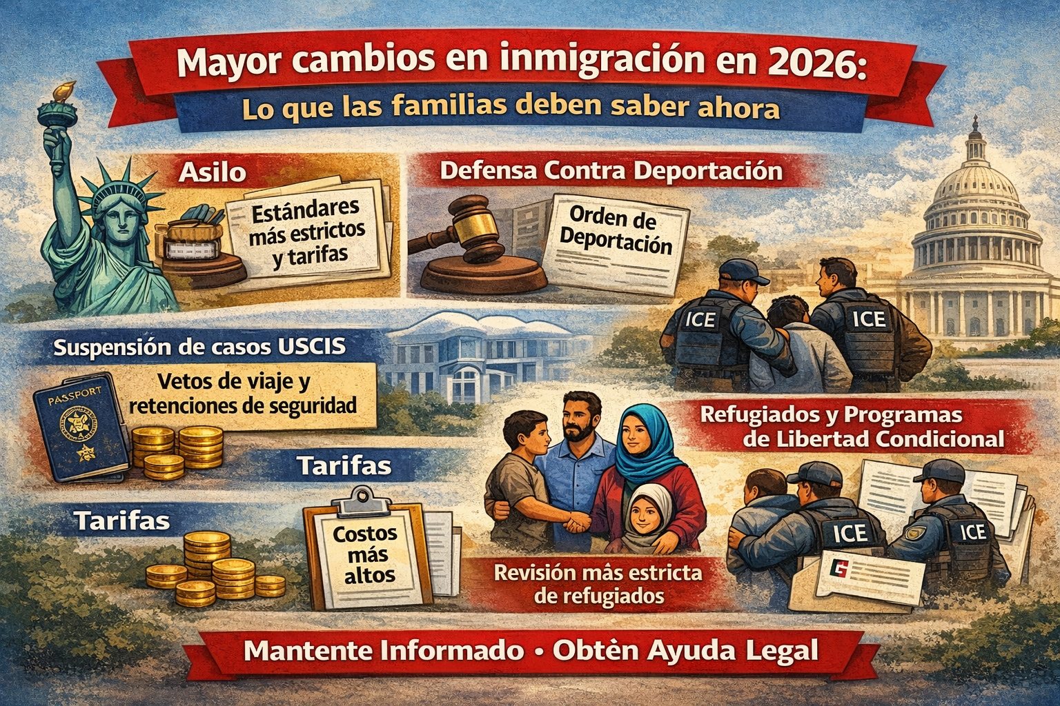 Infografía de cambios migratorios en 2026 que explica nuevas reglas de asilo, retrasos de USCIS, prohibiciones de viaje, aumento de tarifas y mayor control migratorio que afecta a las familias.